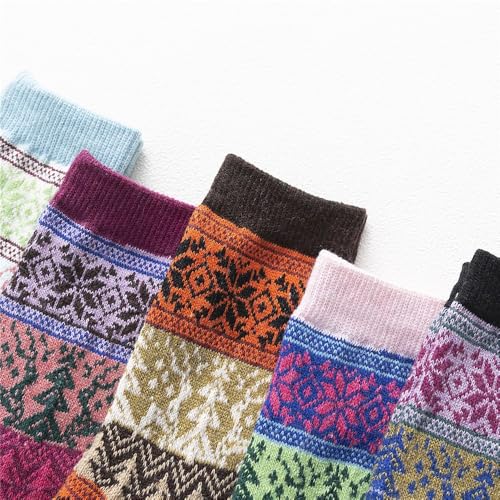 Image of Women Winter Socks 5 Packs Wool Socks Gifts for Mom Warm Vintage Soft Christmas Socks Thick Cold Knit Crew Socks