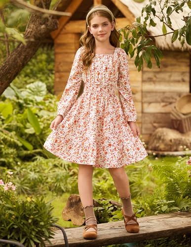 GRACE KARIN Girls Fall Dress Floral Long Sleeve Midi with Smocked Waist for Holiday Party 6-14Y4