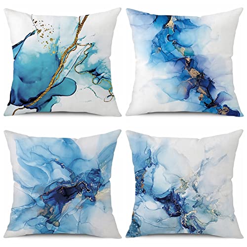 Ohok Lot de 4 housses de coussin décoratives 45 x 45 cm - Blanc polyester et lin - Avec fermeture éclair cachée - Décoration pour chambre à coucher, salon, canapé, voiture - Marbre A Cover