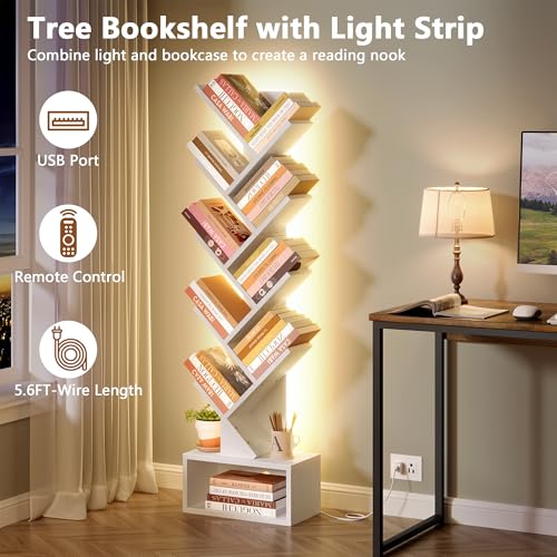 Image of Hoctieon 9 Tier Tree Bookshelf, Tall Bookcase, Freestanding Book Shelf with LED Lights, Display Floor Standing Storage Shelf, Book Organizer Shelves for Home Office, Living Room, White