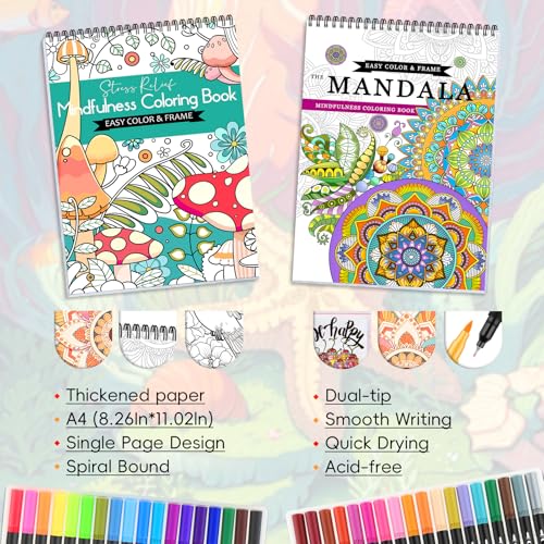 Image of 2Pcs Adult Coloring Books with 36 Colors Markers, Mandala Adult Coloring Book for Women Relaxation with 48 Patterns, Colors Markers Set, Anxiety Relief Mindfulness Gifts Original & Hand Drawn