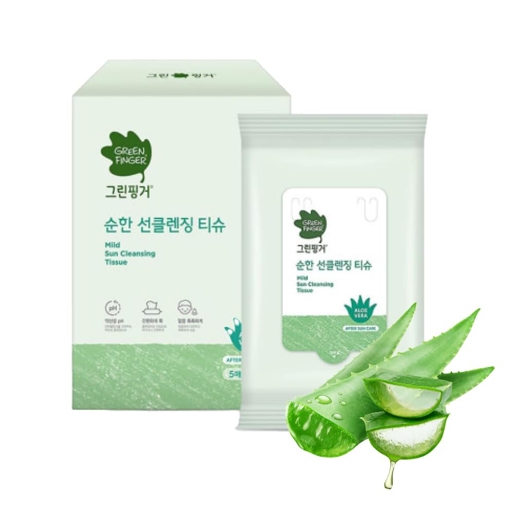 GREEN FINGER Mild Sun Cleansing Tissue 30 Count (6 Packs of 5), Gentle Baby Wipes for Sensitive Skin, Removes Sunscreen Easily, Natural Organic Makeup Remover Wipes with Aloe Vera, Korean Skincare