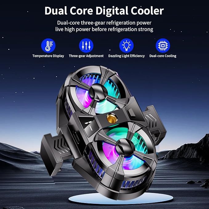 Image of BKN Fast Cooling Mobile AC Dual-Fan Radiator 3 Gear Adjustable Phone Temp Display Fast Cooler System Heat Sink With RGB Back Clip Type | Compatible with iPhones /Android Phone Width from 6 to 8 cm
