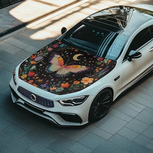 Image of Renewold Car Hood Cover Protector Floral Butterfly Moon Pattern Hood Covers for Cars Hood Wrap Blanket Women Men Automotive Exterior Accessories for Most Sedan Small SUV Truck