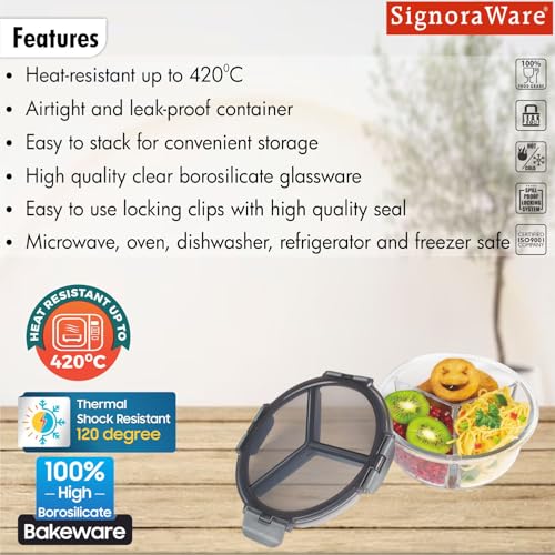 Image of Signoraware Hive Borosilicate Glass 3 Compartment Round Lunch Box | Airtight & Leakproof Multi-Section Container | Microwave Safe | Ideal for Office Lunch & Outdoors (900ml | Clear)