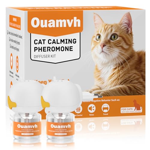 Crenze Pheromone Katzen Beruhigung Steckdose Entspannende Naturpheromone Lindern Stress Ängste bei Katzen Reduzieren Kratzverhalten Set mit 2 Steckdosen-Diffusoren 2 Nachfüllflaschen (je 48 ml)