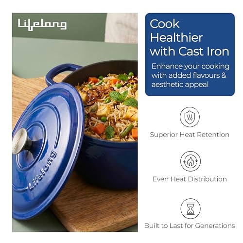 Image of Lifelong Enamel Cast Iron Dutch Oven with Lid (5.6L, 28cm) | Oven, Gas & Induction Compatible | Slow Cooking, Even Heat Distribution, Nontoxic, Durable, Naturally Nonstick, No Stains & Scratch (Blue)