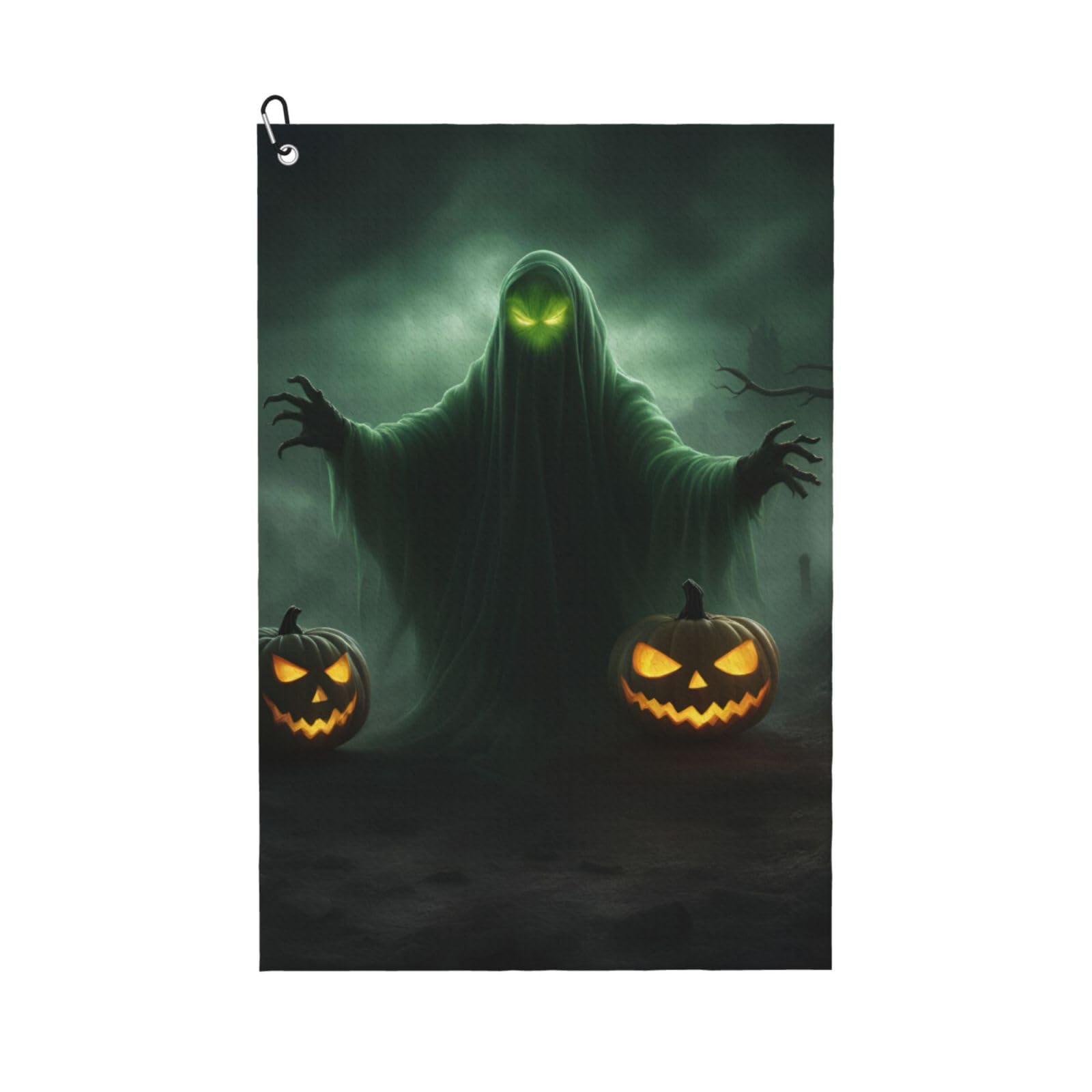 Anceky Green Ghost Horror Halloween Pumpkin Print Golf Towel 24"X16" Microfiber Golf Cleaning Towel with Carabiner Clip for Golf Bags