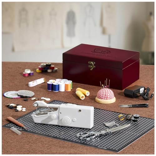 Image of Handheld Sewing Machine, with Elegant Wooden Sewing Box and 153-Piece Sewing Kit, Mini Portable Cordless Hand held Sewing Machine, Perfect for Adults, Beginners, and Quick Home Repairs