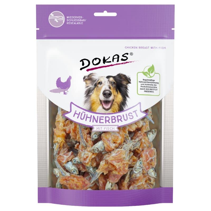 Dokas Kausnack Hühnerbrust mit Fisch | Doppelpack | 2 x 220 g | Leckerli für Hunde | Als Belohnung zwischen den üblichen Mahlzeiten | Schonend luftgetrocknet | Im Frischebeutel