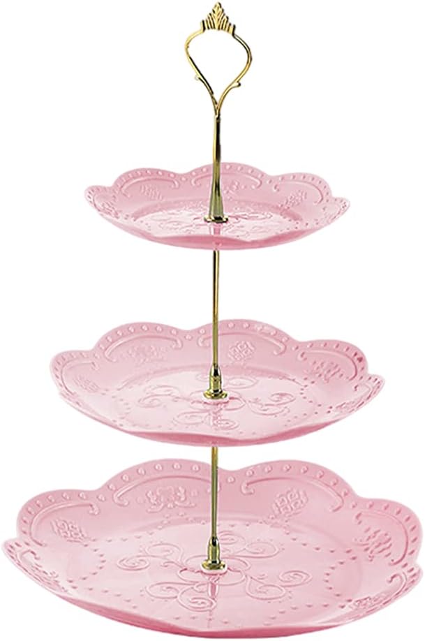 AeborCupcake Stand, 3 Tier Plastic Tiered Tray, Dessert Candy Snacks Bread Tower Tray, Plastic Cake Stand for Wedding Home Holiday Birthday Christmas Party Decor (Pink)