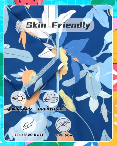Image of Kids Girls Rash Guard Long Sleeve One Piece Swimsuits Zipper Bathing Suits UPF 50+ Tropical Plant Flowers Ages 3-12