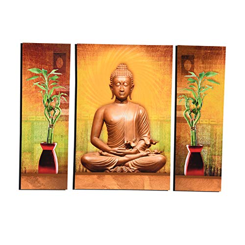 MAHAGAURI ART & SIGN Wall Mounted Designer Rectangular Buddha with Bamboo Tree Digital Print for Home Decor (Multicolor, 18X24 Inch) - Set of 3