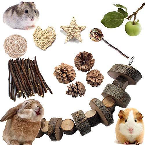 VCZONE Bunny Chew Toys, Rabbit Pet Tooth Chew Toys Organic Natural Apple Wood Grass Cake Ideal for Bunny, Chinchilla, Guinea Pigs, Hamsters Teeth Grinding (10 Pack)