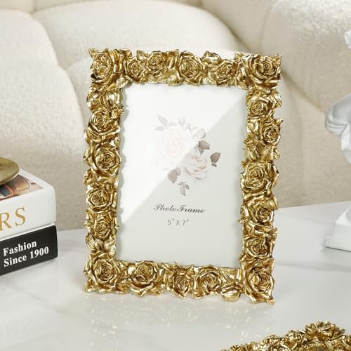 Vintage Gold 5x7 Picture Frame, Gold Ornate Rose Flower Resin Photo Frame with Glass Front for Tabletop, Antique Picture Frames Photo Gallery for Home Office Decor