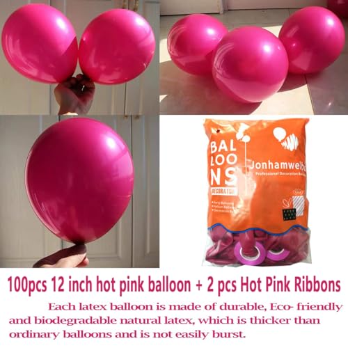 Image of Jonhamwelbor Party Balloons Hot Pink Latex Balloons 100pcs 12inch Wedding Birthday Bride Bachelorette Party Decorations(with Hot Pink Ribbon)