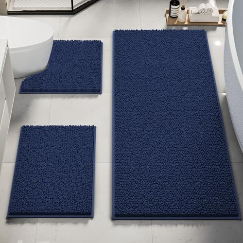 Bathroom Rug Mat Set 3 Piece, Chenille Bath Mat Set, Non-Slip Ultra Soft Carpet Mats, Extra Large Absorbent with U-Shaped Toilet for Bathroom, Tub, Shower, Navy Blue Navy Blue 16"x24"+24"x60