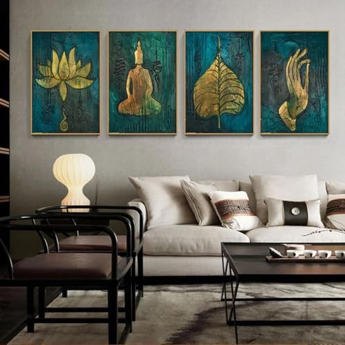 Tableau Bouddha Lotus vintage pour salon et yoga - 4 toiles 55x70 cm