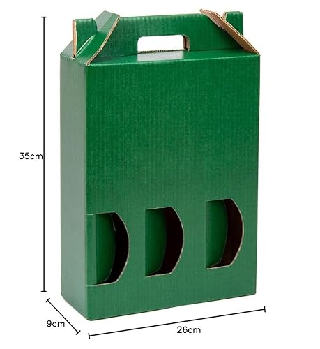 Packung 10 Boxen aus Karton für 3 Flaschen Wein, Sekt, Champagner oder Likör grün, selbstmontierendes Modell mit Fenster für sehr originelle Flaschenverpackung.