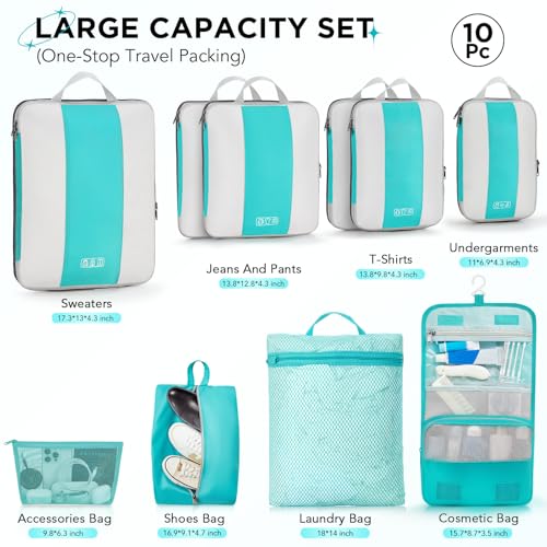 Image of OlarHike 10 Set Compression Packing Cubes for Travel Essentials,Compressible Expandable Space Saver Bags for Organizing Clothes,Luggage Suitcase Garment Bags with Over 1000 pcs Mesh Holes(Blue Green)
