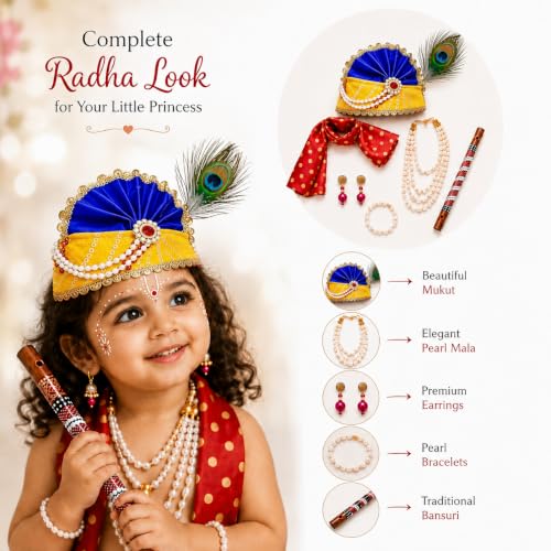 Image of Sarvda Krishna & Radha Dress for Kids - Complete Janmashtami Costume Sets with Dhoti /Lehenga, Mukut, Mor Pankh, Bansuri & Accessories | Fancy Dress for Baby Boys & Girls