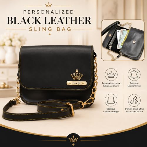 Image of SAVRI Personalized Leather Woman Chain Sling Bag With Your Name and Elegant Charm on it. On Birthday, Anniversary, Valentine's Day for Mother, Wife, Sister, Girl-friend.