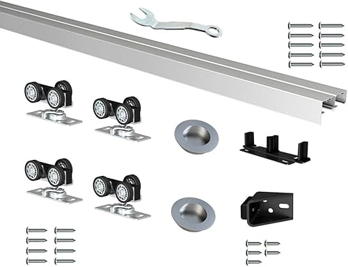 DIYHD Kit de herrajes para puertas correderas de 2 puertas correderas de montaje en techo de 96 pulgadas, sistema de bolsillo de aluminio plateado