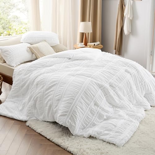 Image of Bedsure Boho Queen Comforter Set - White Waffle Weave Bedding Comforter Sets, Soft Breathable Lightweight Bed Set for All Season, 3 Pieces, 1 Puffy Comforter and 2 Pillowcases