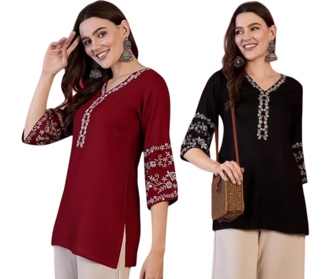 Image of MAHIRA'S Comfort Women's Short Kurti, Rayon Tunic Top with 3 /4 Embroidered Designer Sleeves | Soft Breathable Fabric | Office & Casual Kurti for Jeans, Leggings & Trousers
