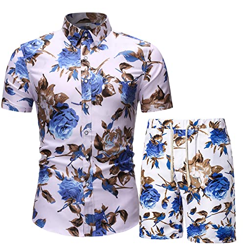 Hawaii Hemd Männer,Hawaii-Hemd-Set Kreativ Blau Rosenblumen Druck Weiß Lässig Atmungsaktiv Aloha Kurzarm Strandshorts Für Herren Damen Strand Surf Urlaub,S Cover