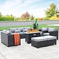 Rattaner 7 PCS Outdoor Furniture Sets 60000BTU 45-Inch Outdoor Propane Fire Pit Table Patio Furniture Set No-Slip Cushions and Waterproof Covers, Light Grey