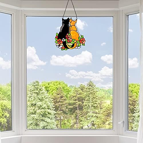 Yngffb Hangings of Cat Stained Glass Window, Acrylic Cat Window Pendant, Window Hanging Cat Suncatcher Window Panels for Windows Doors Home Decoration