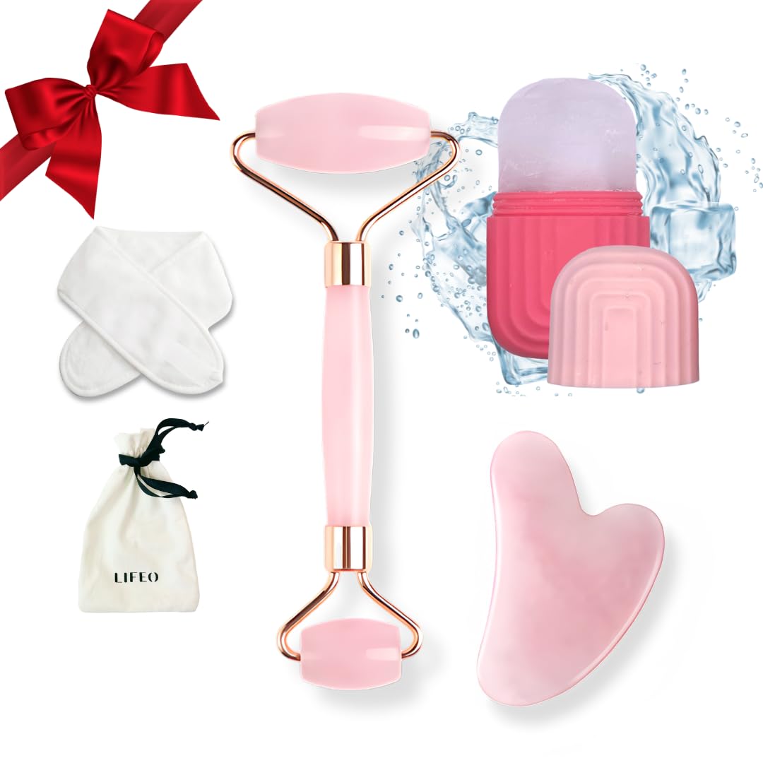 Kit Peau parfaite Gua Sha & Roller Double face LIFEO – Résultat visible en 7 jours ! Quartz Rose Véritable + Moule Glaçon Visage – Massage Anti-Âge, Drainage Lymphatique & Éclat Naturel –