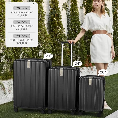Image of Hanke Hardshell Luggage Sets 3 Piece Extra Large Suitcases with Lock,28 Inch Luggage with Spinner Wheels, PC Travel Suitcase for Women Men 20 24 29Inch,Jet Black