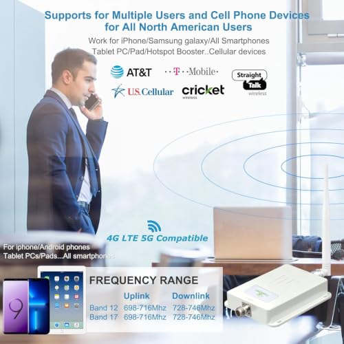 Image of Cell Phone Signal Booster for AT&T T-Mobile, 5G 4G LTE Band 12 17 700MHz | Up to 4,500 sq ft, 65dB cell signal amplifier, FCC Approved, multi-user coverage, outside signal required