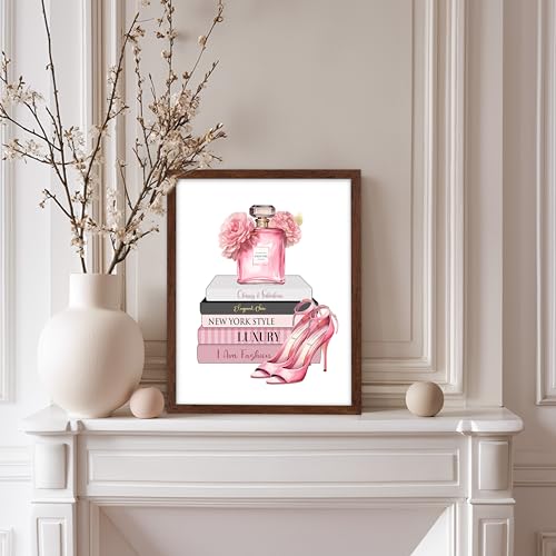 Image of Poster Master Fashion Print - Pink Designer Poster - Shoes & Perfume Art - Chic Gift for Her & Fashionista - Luxury Haute Couture Decor for Bedroom or Girl's Room - 8x10 Brown Framed