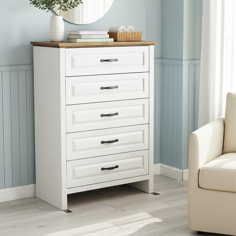 Marsail Farmhouse 5 Drawer Dresser, Wood Chest of Drawers with Natural Texture, Smooth Gliding Drawers, Versatile Storage Organizer Cabinet for Bedroom & Living Room, White and Brown - Image 8