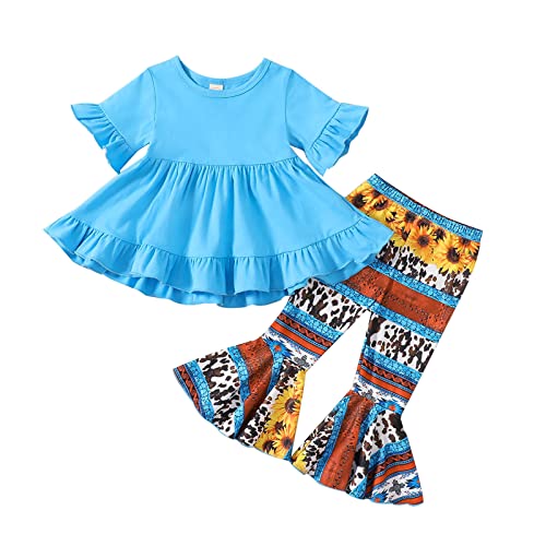 Girls Blankets Toddler Girls Short Sleeve Ruffles T Shirt Pullover Tops Cartoon Cow Printed Bell Bot