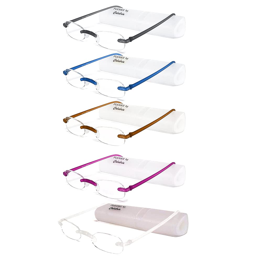 Calabria 714 Rimless Reading Glasses with Clear Lenses – 5-Pack Variety | Reading Glasses for Men & Women | Readers for Home & Office | Bendable
