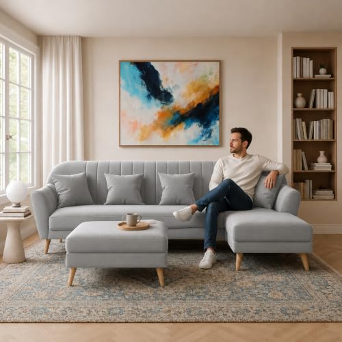 Image of Atticus RHS 6 Seater L Shape Sofa Set with Ottoman Living Room (Purple Colour Fabric) Premium Fabric Sofa Set for Living Room