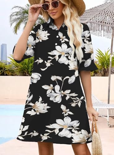 Image of Womens Summer Shirt Mini Dresses 2026 Beach | Flowy Shift Dress, Button V Neck, Polo Collar, Ruffle Short Sleeve, Floral Boho Style, Casual Vacation Outfits with Pockets
