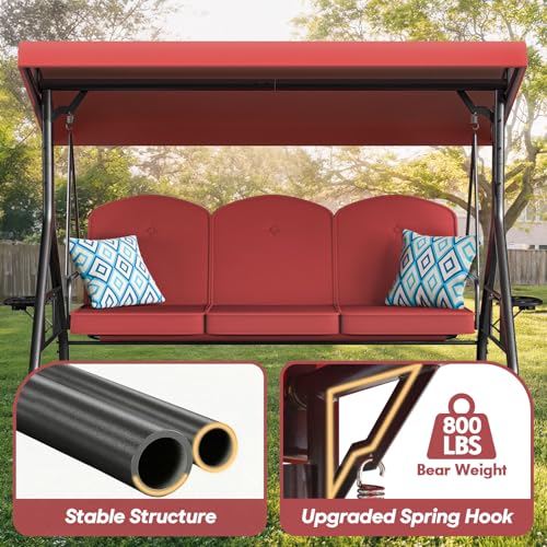 Image of ZZW 3 Seat Outdoor Porch Patio Swing with Stand 800lbs 2-in-1 Convertible Swing Bed with Adjustable Canopy & Removable Cushion for Yard Garden Deck (Red, Round Tube)