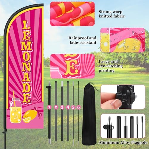 Image of Remagr 2 Pack Lemonade Feather Flag 7 ft Advertising Swooper Flag Sign Windless Lemonade Banner with Pole Kit and Ground Stake for Businesses Restaurants Outside Ground(Rose Pink)