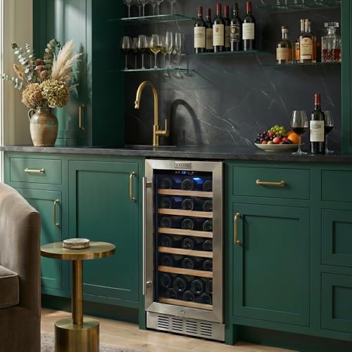Image of Empava 15 inch Wine Cooler Refrigerator Under Counter with Glass Door, Freestanding Fridge with LED Light, Touch Control, 31 Bottles Capacity