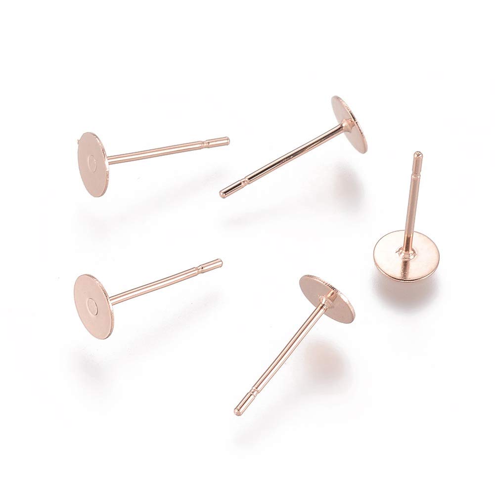 Craftdady 100pcs Stainless Steel Earring Pins Flat Pad 5mm Flat Post Back Stud Findings for Jewelry Making, Rose Gold