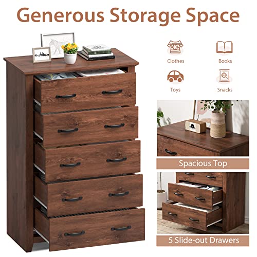Giantex 5 Drawer Dresser Chest Of Drawers - Vertical Dresser With 5 Pull-Out Drawers, Anti-Toppling Device, 400 Lbs Weight Capacity, Tall Storage Organizer For Bedroom, Living Room, Entryway (Walnut) #TOP5