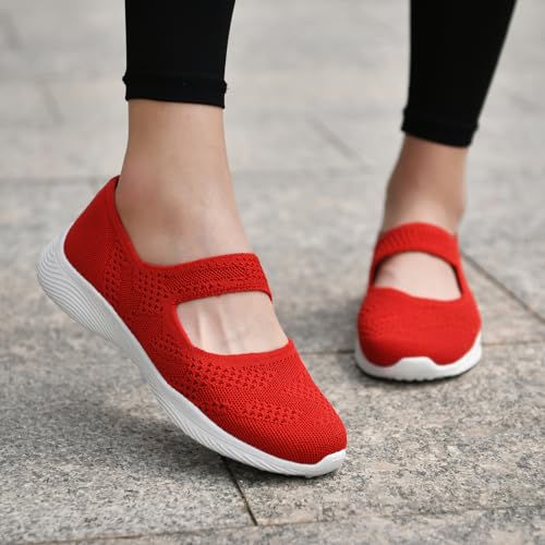 Image of HONHOLD Women's Mary Jane Knit Flats Breathable Walking Shoes