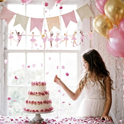 Image of Hooqict Happy Birthday Banner Ballerina Birthday Party Decorations Ballerina Dancer Party Banner Garland Sign for Girls Women Pink Ballet Party Decorations Supplies