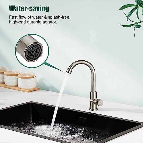Cold Water Only Kitchen Faucet Brushed Nickel Single Handle 1 Hole 360 Degree Swivel Spout Deck Mount High Arc Sus304 Stainless Steel Sink Bar Tap Goose Neck With Hose(Drain Not Included) #TOP6