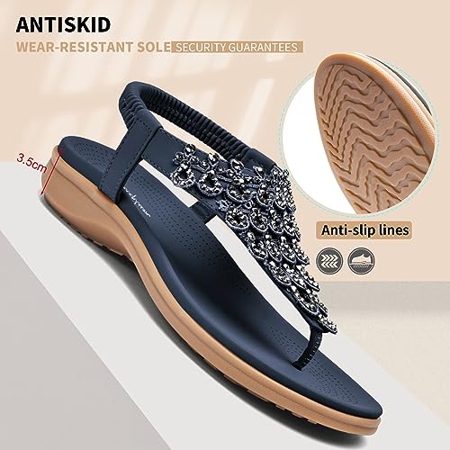 Image of Littleplum Womens Sandals Arch Support Slingback Rhinestone Dressy Sandals Comfort Summer Shoes Ankle Strap Elastic Flats for Beach Walking